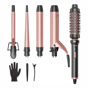 Wavytalk 5 in 1 Curling Iron Set with Curling Brush and 4 Interchangeable Ceramic Curling Wand (0.35-1.25”), Instant Heat Up, Dual Voltage Hair Curler